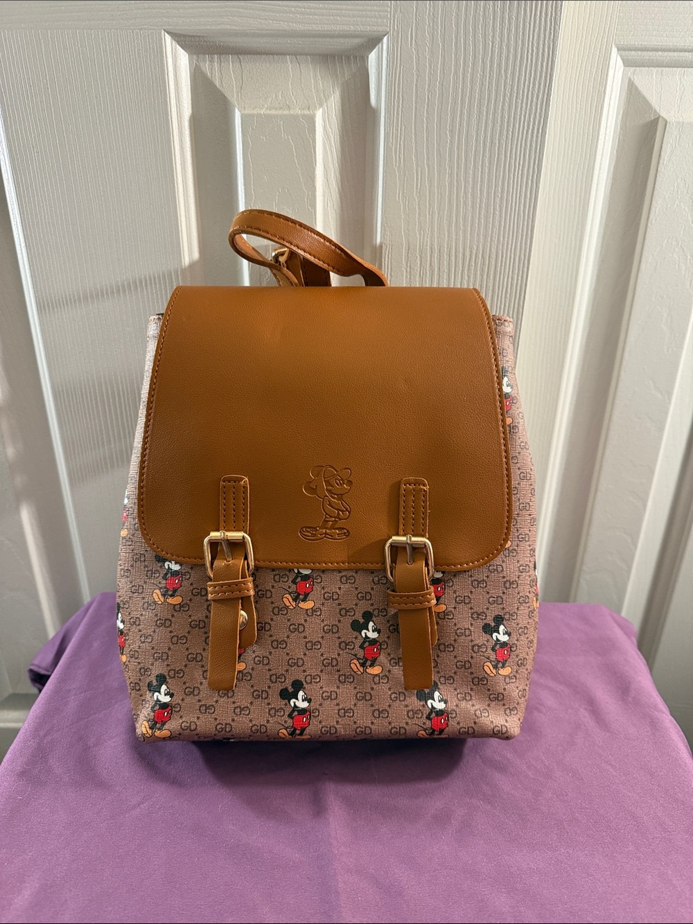 Brown Leather-Trim Mickey Print Backpack